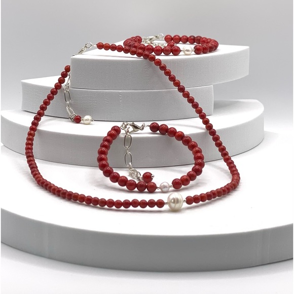 Simple but Beautiful Red Coral and Genuine Pearl Necklace - Picture 11 of 14
